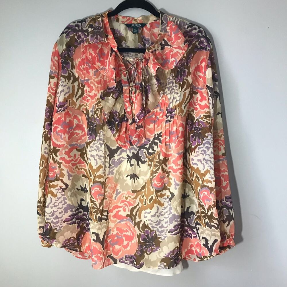 Ralph Lauren 2X floral long sleeve ruffle neck tie sheer blouse with tank top